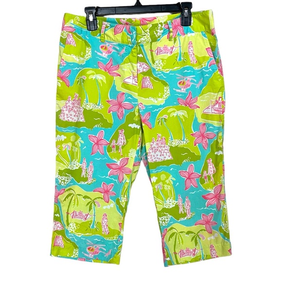 Vintage Lilly Pulitzer Green Private Island Print Capri Pants Size 12 - Picture 1 of 12